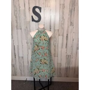 Love Chesley Mint Floral Halter Dress Flowy Sleeveless Mini Size S